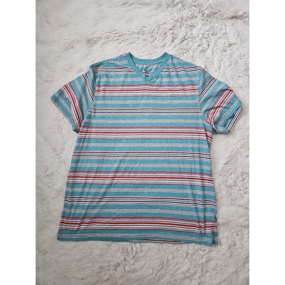 Y2K 2000s Faded Glory Heather Teal Striped Vneck T-Shirt Distressed XL - Picture 9 of 12